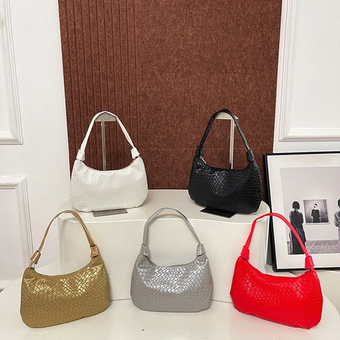 Women Woven Texture PU Leather Underarm Bag Minimalist Hobo Shoulder Bag Large Capacity Versatile Fashion Handbag Leisure Purse