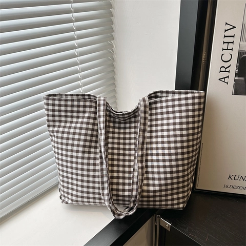 Women Large Capacity Gingham Canvas Tote Bag Summer Casual Checkered Shoulder Bag For Students School Beach Shopping Travel Handbag