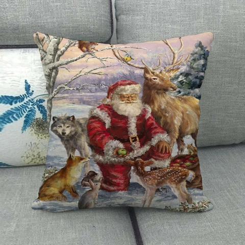 Federa Di Natale Fodera Per Cuscino In Lino Vintage Babbo Natale Pupazzo Di Neve Renna Decorazioni Casa Vacanza