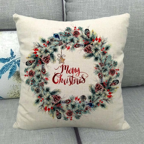 Housse de Coussin en Lin Noël Vintage Motif Cardinal et Couronne Florale Taie d'Oreiller Décorative pour Canapé Salon Décoration