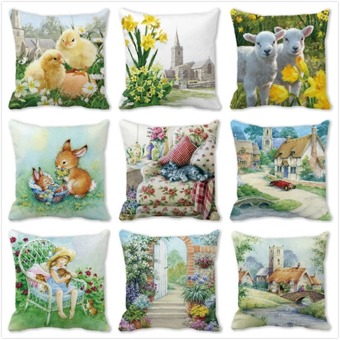 Pastoraler Stil Kleines Mädchen Tier Landschaft Muster Pfirsichhaut Kissenbezug Dekorativer Kissenbezug Für Sofa Heimdeko