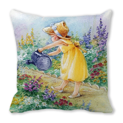 Pastoraler Stil Kleines Mädchen Tier Landschaft Muster Pfirsichhaut Kissenbezug Dekorativer Kissenbezug Für Sofa Heimdeko