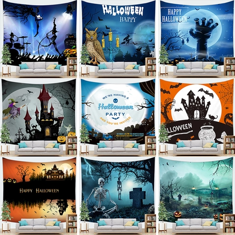 Halloween Horror Tapestry Skeleton Pumpkin Castle Wall Hanging Polyester Fabric Backdrop For Holiday Party Home Room Wall Decor