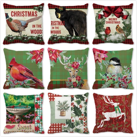 Fundas de Cojín Decorativas de Navidad Piel de Melocotón Estampado de Reno y Cuadros Geométricos Funda de Almohada Sofá Hogar