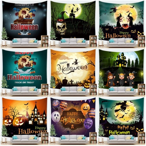 Halloween Tapestry Wall Hanging Peach Skin Polyester Fabric Pumpkin Witch Skeleton Gothic Home Decor For Party Living Room