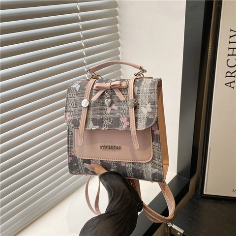 Mini Mochila de Moda para Mujer de Cuero PU con Encaje Floral Lazo Colgante de Corazón Bolso de Mano Dulce Bolso Bandolera para Uso Diario