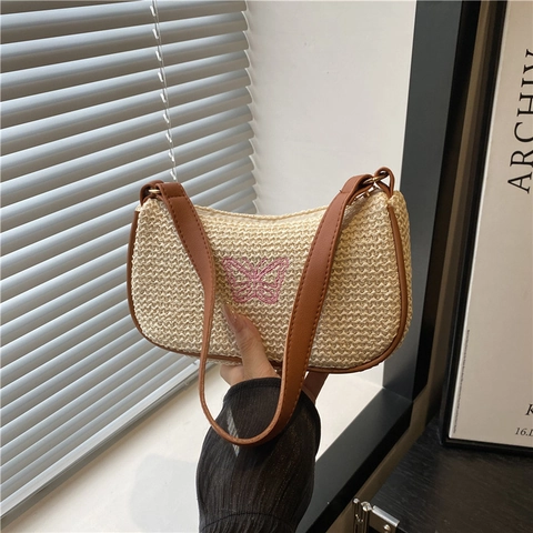 Sommer Stroh Gewebte Achseltasche Damen Schmetterling Stickerei PU Leder Riemen Böhmische Strand Schultertasche