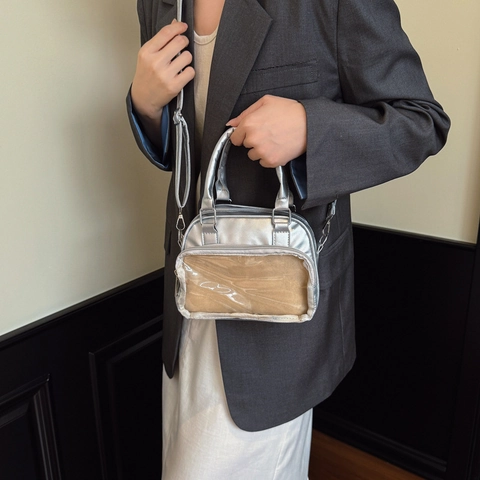 Metallic Silber Ita Bag Damen Japanischer Akademie-Stil PU Umhängetasche Transparentes PVC-Fenster Handtasche Pendler Crossbody-Tasche