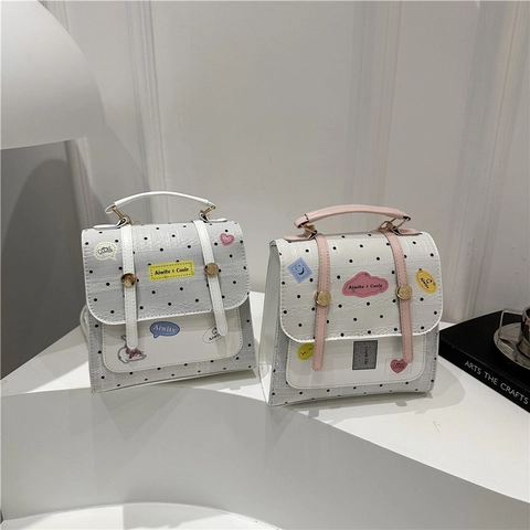 Women's Mini Polka Dot Backpack Fashion Small Square Bag Handbag With Cartoon Patches Preppy Style PU Leather Crossbody Bag