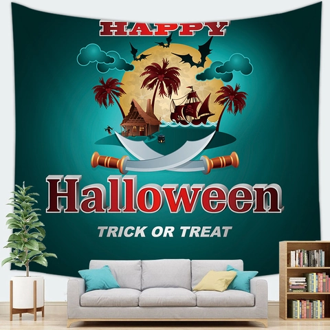 Halloween Tapestry Wall Hanging Peach Skin Polyester Fabric Pumpkin Witch Skeleton Gothic Home Decor For Party Living Room