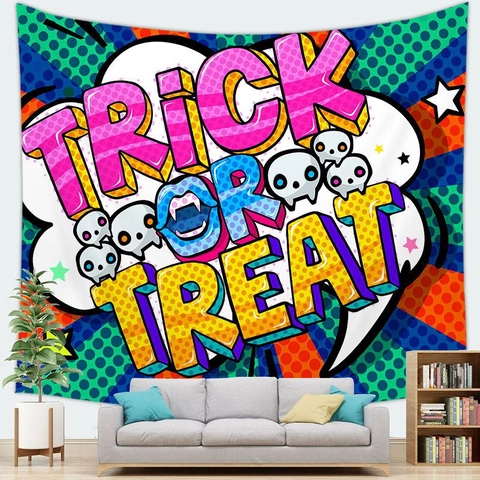 Tapiz de Halloween para Colgar en la Pared Calabaza Bruja Murciélago Dibujos Animados Poliéster Fiesta Decoración Hogar Happy Halloween
