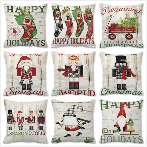 Christmas Santa Claus Nutcracker Gnome Printed Pillowcase Peach Skin Velvet Festive Decorative Cushion Cover For Sofa