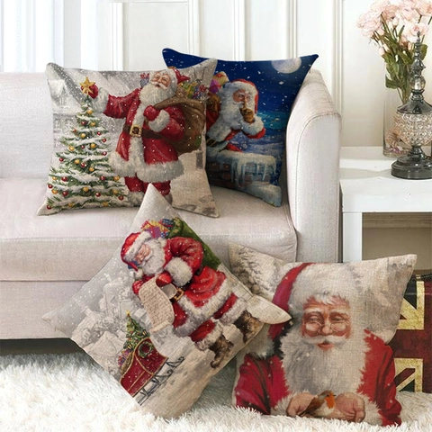 Christmas Santa Claus Throw Pillow Covers Linen Square Decorative Cushion Case For Home Sofa Couch Living Room Vintage Festive