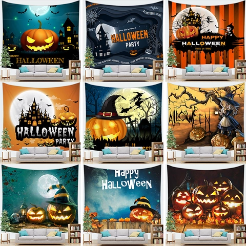 Halloween Wall Tapestry Pumpkin Lantern Castle Witch Bat Backdrop Polyester Peach Skin Fabric Hanging Decor For Home Party