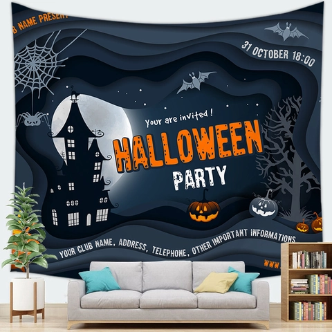Halloween Wall Tapestry Pumpkin Lantern Castle Witch Bat Backdrop Polyester Peach Skin Fabric Hanging Decor For Home Party