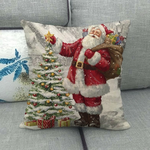 Christmas Santa Claus Throw Pillow Covers Linen Square Decorative Cushion Case For Home Sofa Couch Living Room Vintage Festive