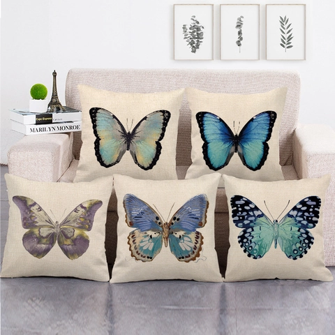 Vintage Butterfly Print Linen Cotton Blend Throw Pillow Cover Square Decorative Cushion Case For Sofa Home Decor