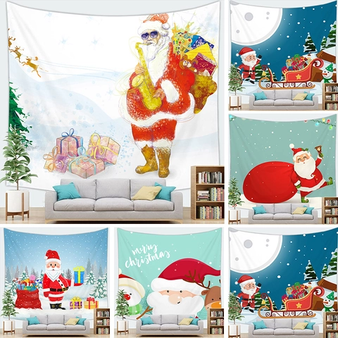 Christmas Santa Claus Tapestry Wall Hanging Polyester Cartoon Snowman Sleigh For Living Room Bedroom Holiday Party Home Decor