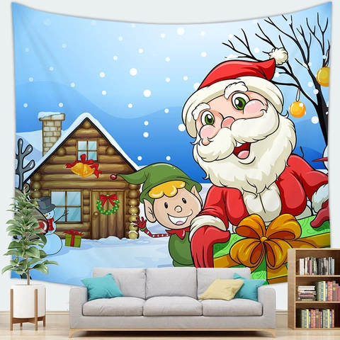 Christmas Santa Claus Tapestry Wall Hanging Polyester Cartoon Snowman Sleigh For Living Room Bedroom Holiday Party Home Decor