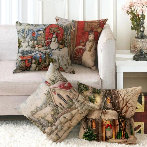 Christmas Throw Pillow Cover Linen Square Winter Snowman Cabin Print Cushion Case For Sofa Home Decor Rustic Holiday Decor