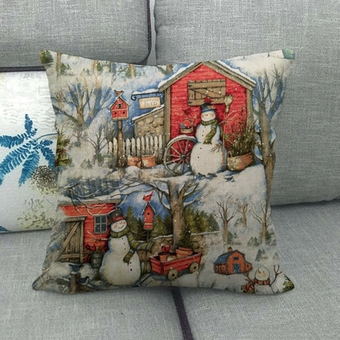 Christmas Throw Pillow Cover Linen Square Winter Snowman Cabin Print Cushion Case For Sofa Home Decor Rustic Holiday Decor