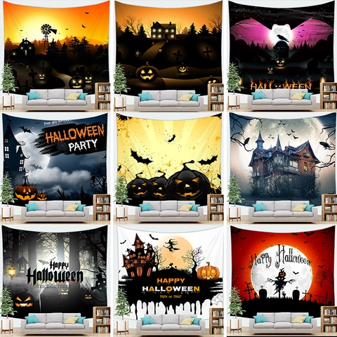 Halloween Tapestry Haunted Castle Pumpkin Bat Mystery Graveyard Silhouette Backdrop For Party Home Living Room Wall Decoration