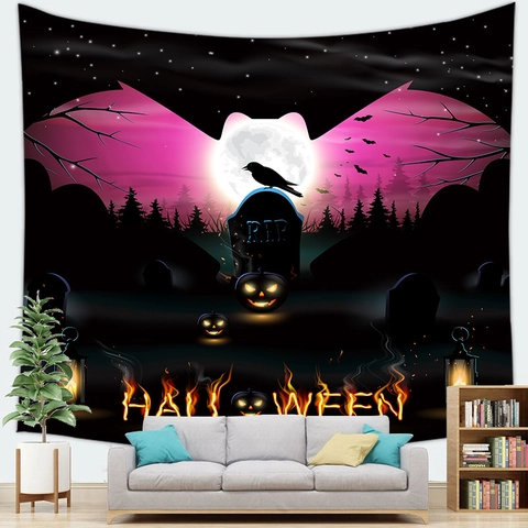 Halloween Tapestry Haunted Castle Pumpkin Bat Mystery Graveyard Silhouette Backdrop For Party Home Living Room Wall Decoration