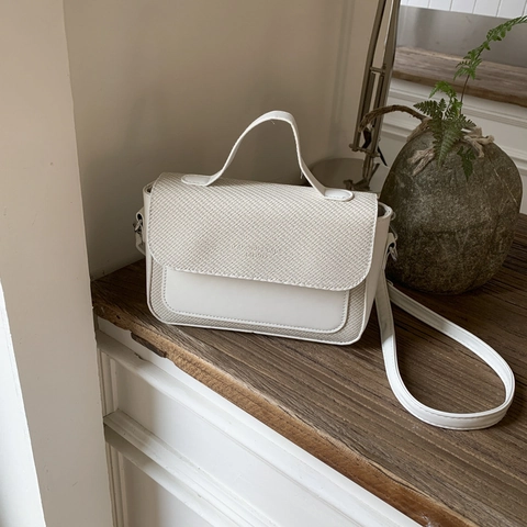Women Shoulder Bag PU Leather And Woven Fabric Patchwork Retro Minimalist Small Square Handbag Crossbody Daily Travel