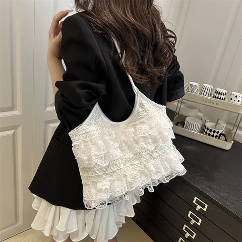 Sac À Épaule En Dentelle Blanche Volants Multi Couches Grand Fourre-Tout Style Fée Plage Été Vacances Femmes Sac Doux