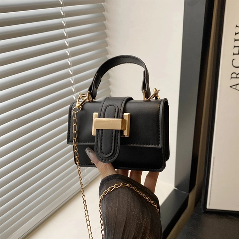 Women's Mini PU Leather Crossbody Bag Small Square Handbag With Gold Chain Strap And Metal Buckle For Daily Party Casual Use