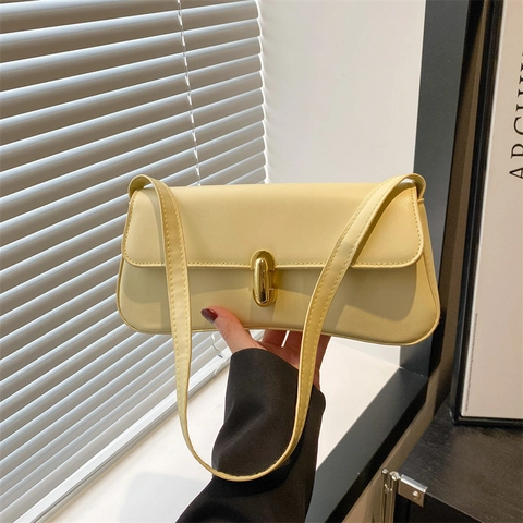 PU Leather Baguette Underarm Bag For Women Minimalist Solid Color With Gold Metal Lock Vintage French Style Handbag
