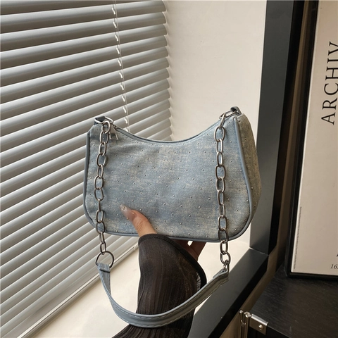 Bolso de Axila de Denim para Mujer Moda Bolso de Hombro con Cadena de Metal y Strass Bolso Hobo Baguette de Denim