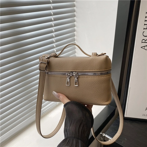 Fashion Litchi Pattern PU Leather Crossbody Bag For Women Small Square Box Bag With Top Handle Silver Double Zipper Shoulder Bag