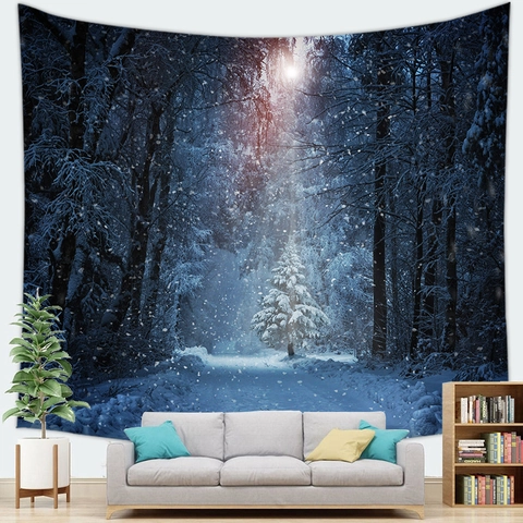 Tapiz Paisaje Natural Bosque Montaña Nevada Lago Atardecer Impresión Escénica Poliéster Decoración De Pared Para Sala De Estar Dormitorio