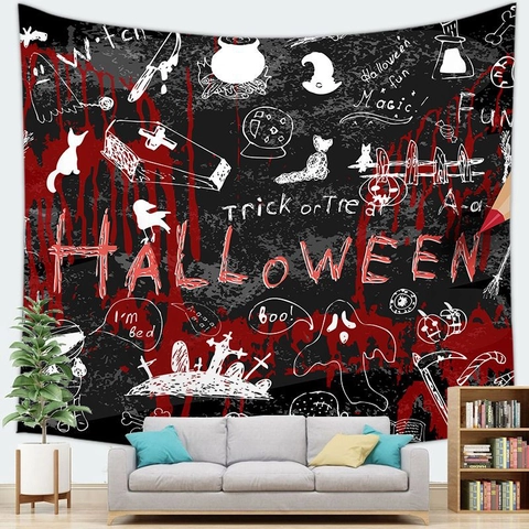 Halloween Spooky Tapestry Spooky Wall Hanging Polyester Fabric Pumpkin Skull Ghost Witch Castle Black Cat Decor For Home Party