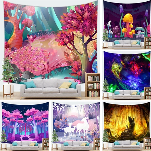 Fantasy Mushroom Forest Wall Tapestry Psychedelic Cyberpunk Landscape Digital Print Polyester Hanging Blanket For Bedroom Living Room Decor