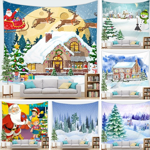 Tapiz de Navidad Papá Noel Reno Escena de Nieve Colgante de Pared Tela de Poliéster Decoración de Arte de Pared Para Sala de Estar Dormitorio Fondo de Fiesta Festiva