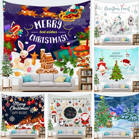 Weihnachten Wandteppich Wandbehang Polyester Stoff Weihnachtsmann Schneemann Rentier Muster Feiertag Deko Party Hintergrund