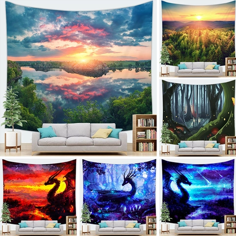 Tapiz De Bosque Mágico De Fantasía Con Dragón Y Hongos Tela De Poliéster Paisaje Natural Manta De Arte Decoración Del Hogar Para Sala De Estar Dormitorio