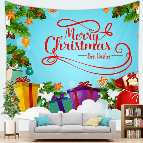 Weihnachten Wandteppich Wandbehang Polyester Stoff Weihnachtsmann Schneemann Rentier Muster Feiertag Deko Party Hintergrund