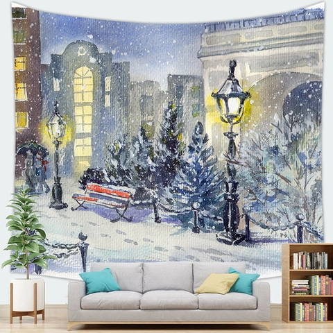 Christmas Tree Tapestry Wall Hanging Polyester Winter Snow Scene Background Cloth For Home Living Room Bedroom Festive Decoration