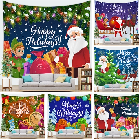 Christmas Wall Hanging Tapestry Santa Claus Christmas Tree Reindeer Peach Skin Plush Festive Fabric Background Cloth Decor