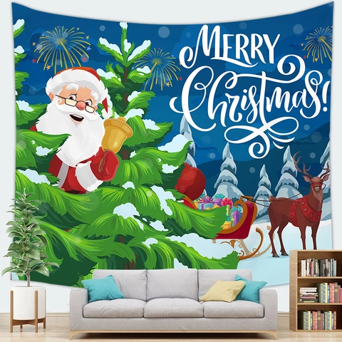 Christmas Wall Hanging Tapestry Santa Claus Christmas Tree Reindeer Peach Skin Plush Festive Fabric Background Cloth Decor