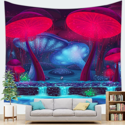 Fantasy Mushroom Forest Wall Tapestry Psychedelic Cyberpunk Landscape Digital Print Polyester Hanging Blanket For Bedroom Living Room Decor