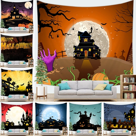 Halloween Pumpkin Castle Tapestry Polyester Wall Hanging Horror Theme Background Cloth For Living Room Party Decor