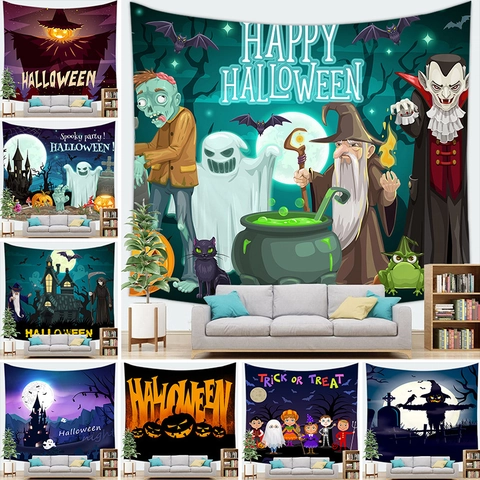 Halloween Wandtapijt Spookachtig Spook Kasteel Pompoen Patroon Polyester Achtergronddoek Voor Huis Kamer Feest Decor