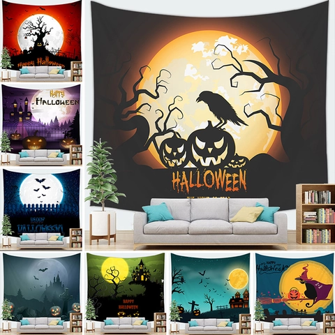 Halloween Tapestry Spooky Forest Pumpkin Lantern Castle Moon Wall Hanging For Living Room Party Home Decor Polyester Background