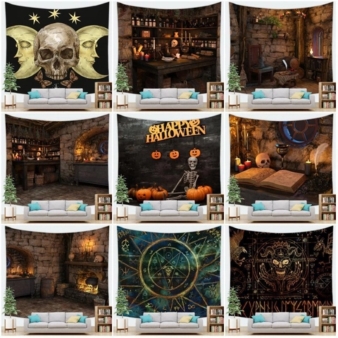Halloween Thema Gothic Wandteppich Totenkopf Kürbis Alchemie Mystische Symbole Polyester Wandbehang Für Haus Party Deko