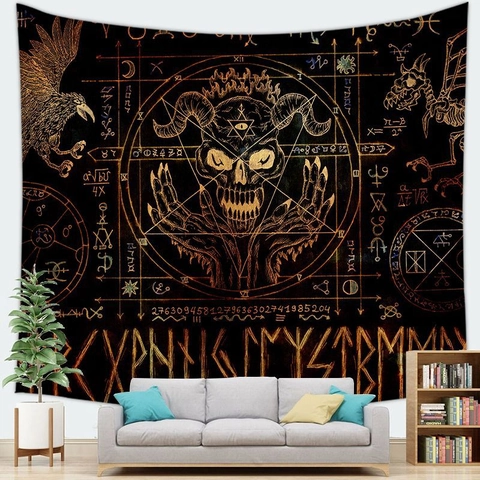 Halloween Thema Gothic Wandteppich Totenkopf Kürbis Alchemie Mystische Symbole Polyester Wandbehang Für Haus Party Deko