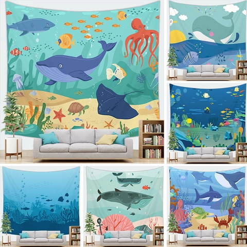 Arazzo Da Parete Mondo Sottomarino Animali Oceano Cartone Animato Poliestere Stampa 3D Paesaggio Sfondo Appendere Arredamento Casa